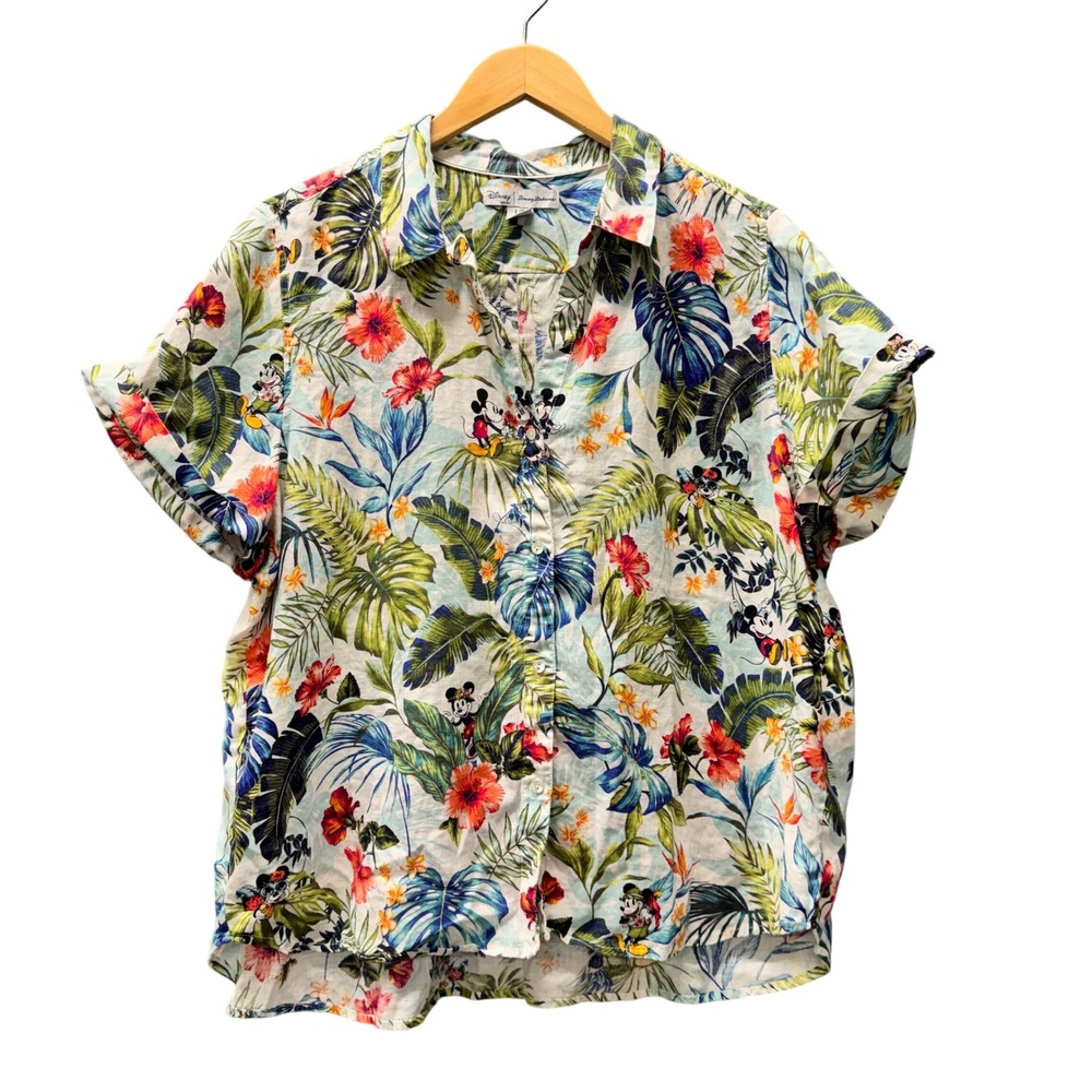 Tommy Bahama x Disney Button Up Womens L Mickey Mouse Tropical Floral Linen Top